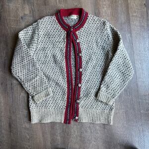 LL Bean Vtg M Birds Eye Cardigan Wool Blend Metal Buttons Norwegian Style USA